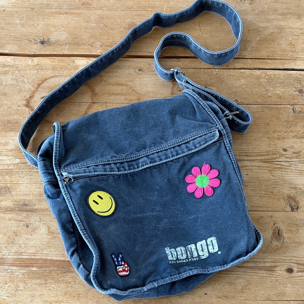 Bongo Denim Crossbody Messenger Bag with Fun Patches Hippie Boho fun!